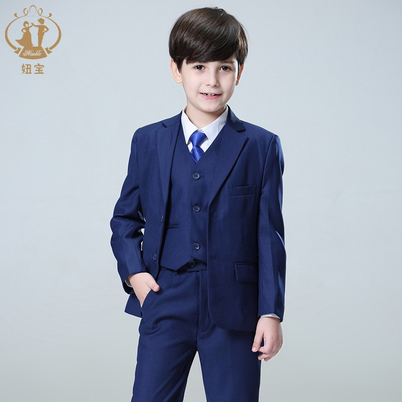 Nimble Spring Autumn Formal Suit for Boy Children Party Host Wedding Costume Wholesale Clothing Coat Pants Vest 3Pcs Blue Blazer