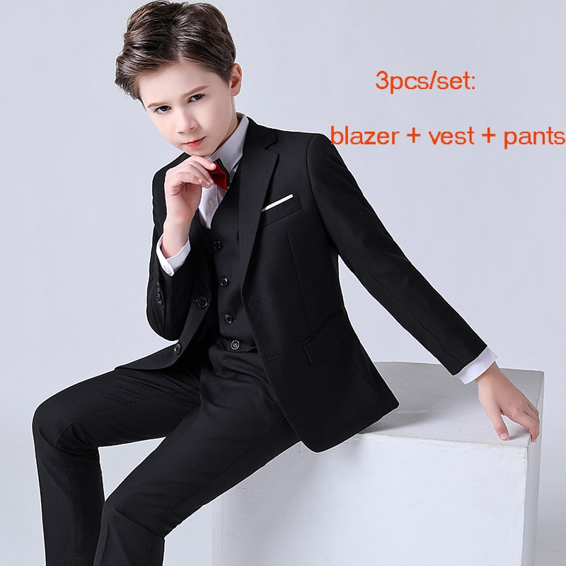 Spring Autumn Formal Children's Dress Suit Flower Boy Wedding Party Performance Costume Kids Blazer Vest Pants Clothes Set