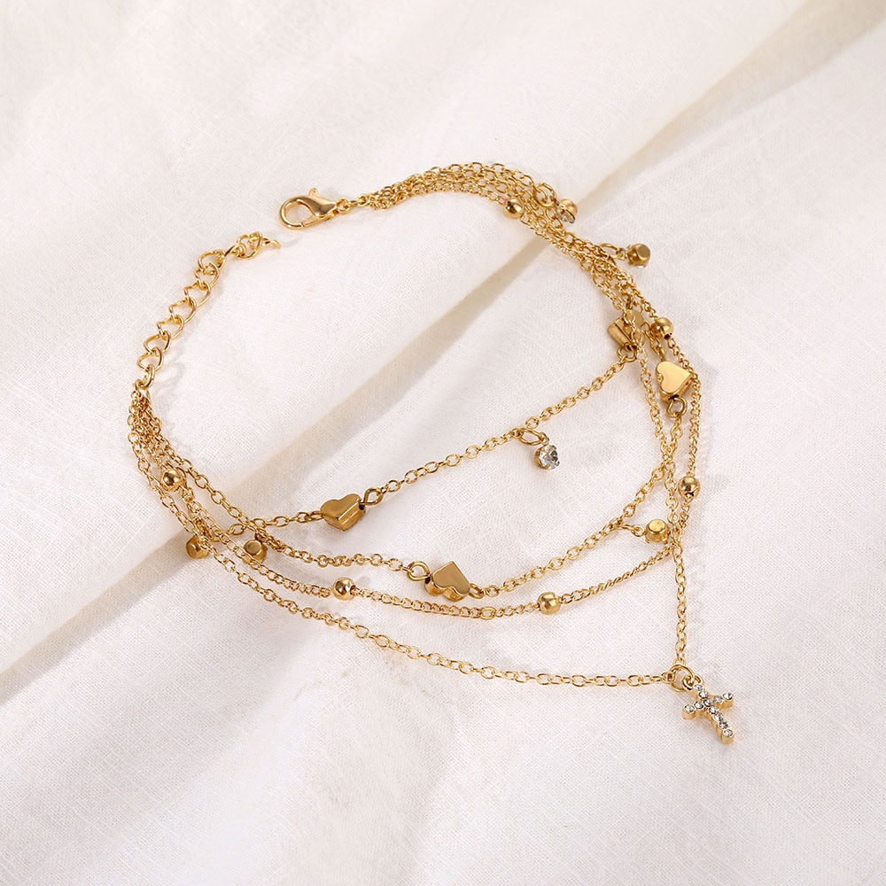 Layered Cross Heart Anklet Bracelets for Women Summer Beach Anklets On Foot Ankle Leg Chain 2021 Fashion Jewerly AM6048