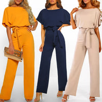 GOOHOJIO Rompers Women Jumpsuit Short Sleeve Playsuit Clubwear Straight Leg Jumpsuit Women's With Belt Bodysuit Rompers