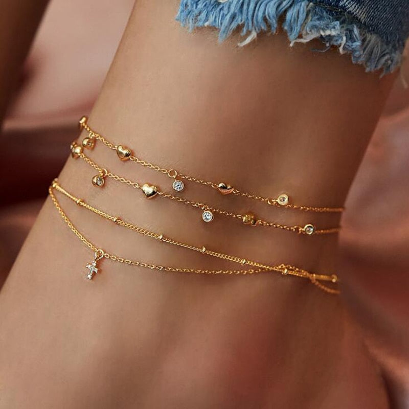 Layered Cross Heart Anklet Bracelets for Women Summer Beach Anklets On Foot Ankle Leg Chain 2021 Fashion Jewerly AM6048