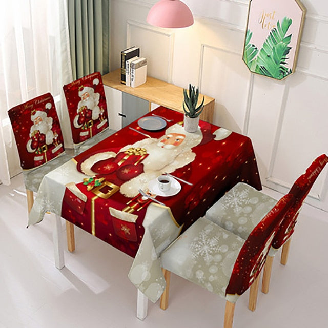 Waterproof Christmas Tablecloth And Chair Cover Elastic Santa Claus Rectangular Dinning Table Cover Cloth for Party Events Decor