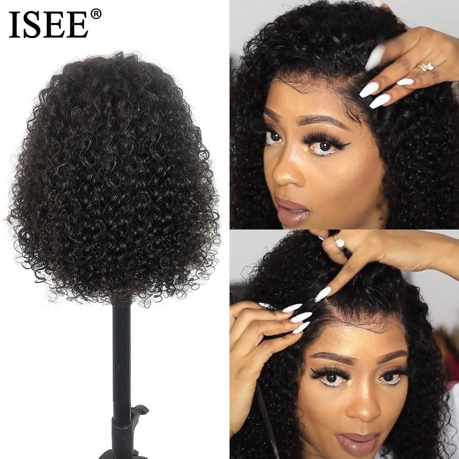 ISEE HAIR Curly Lace Front Wigs For Women Kinky Curly Lace Frontal Wig 4X4 Lace Closure Bob Wig Brazilian Curly Human Hair Wigs