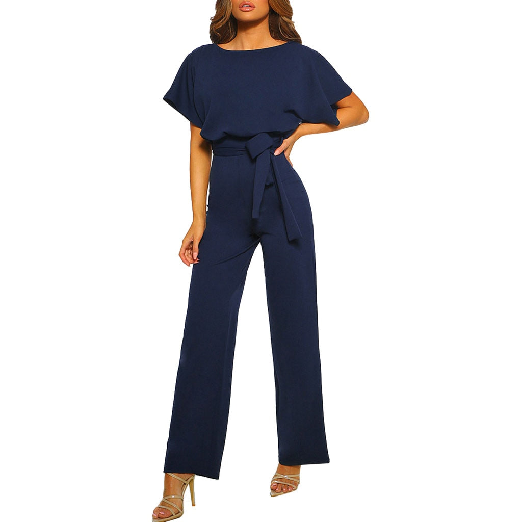 GOOHOJIO Rompers Women Jumpsuit Short Sleeve Playsuit Clubwear Straight Leg Jumpsuit Women's With Belt Bodysuit Rompers