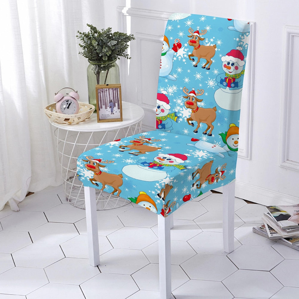 Snowman Print Chair Cover Elastic Seat Chair Cover For Christmas Party Decor Polyester Stretch Chair Slipcover 1/2/4/6 PCS