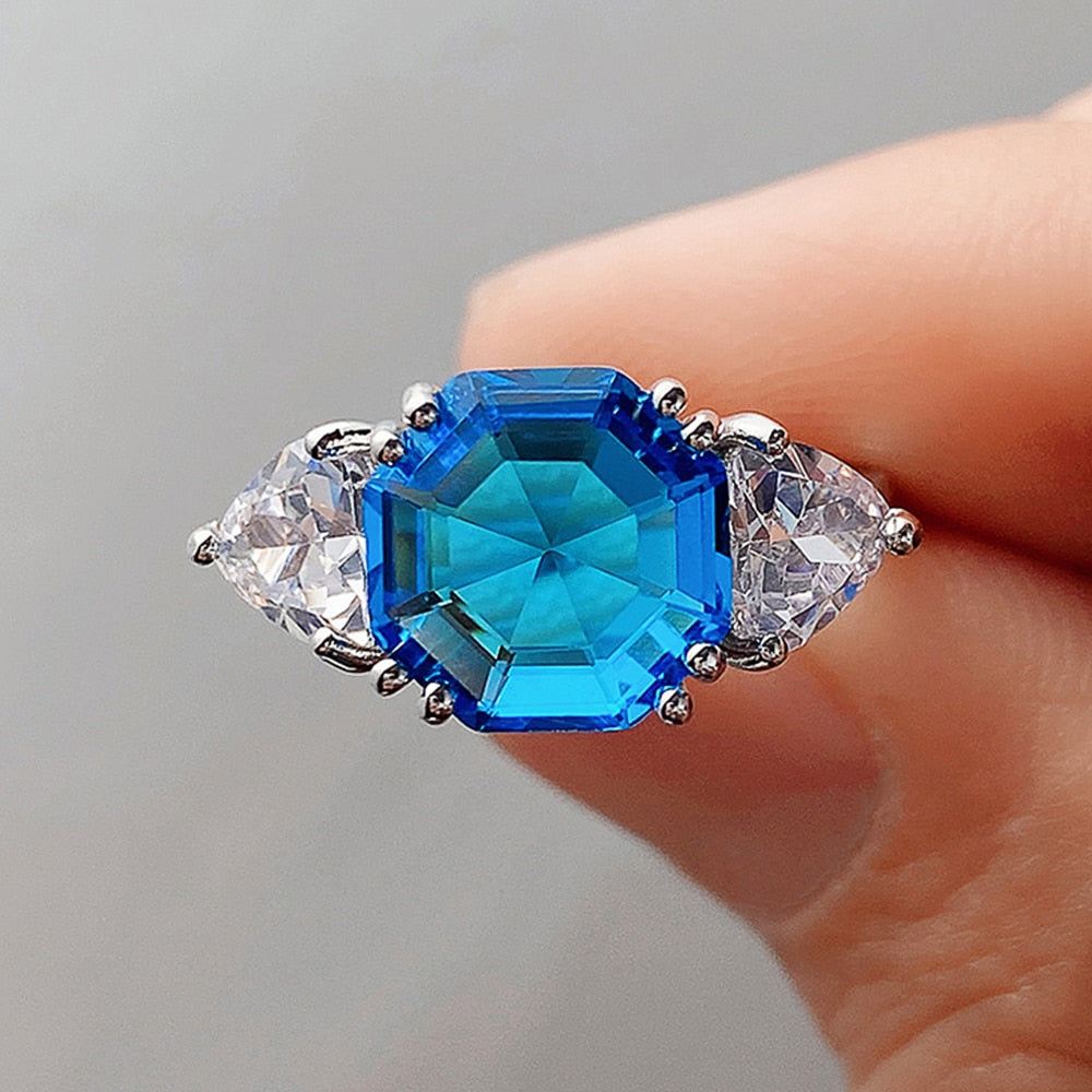 Huitan Bright Blue/White CZ Lady's Rings Wedding Anniversary Party Luxury Elegant Finger Accessories Fashion Jewelry for Women