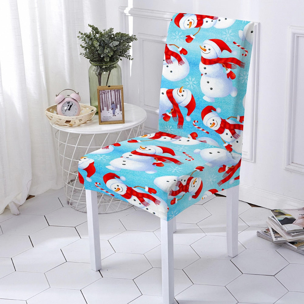 Snowman Print Chair Cover Elastic Seat Chair Cover For Christmas Party Decor Polyester Stretch Chair Slipcover 1/2/4/6 PCS