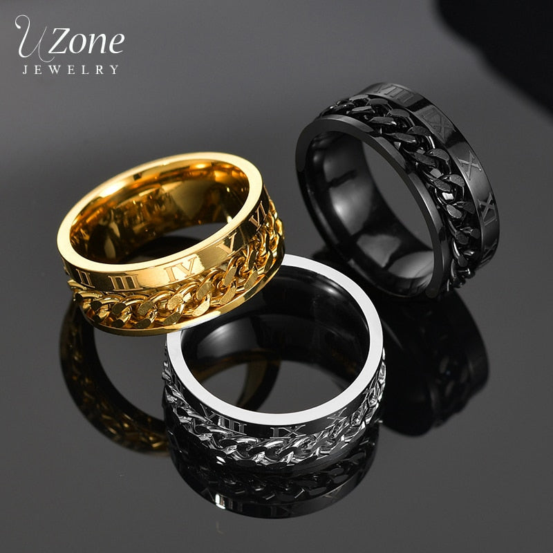 Uzone Punk Roman Numbers Spinner Rings Gold Black Stainless Steel Rotatable Chain Ring For Men Boys Birthday Party Gift Anillos